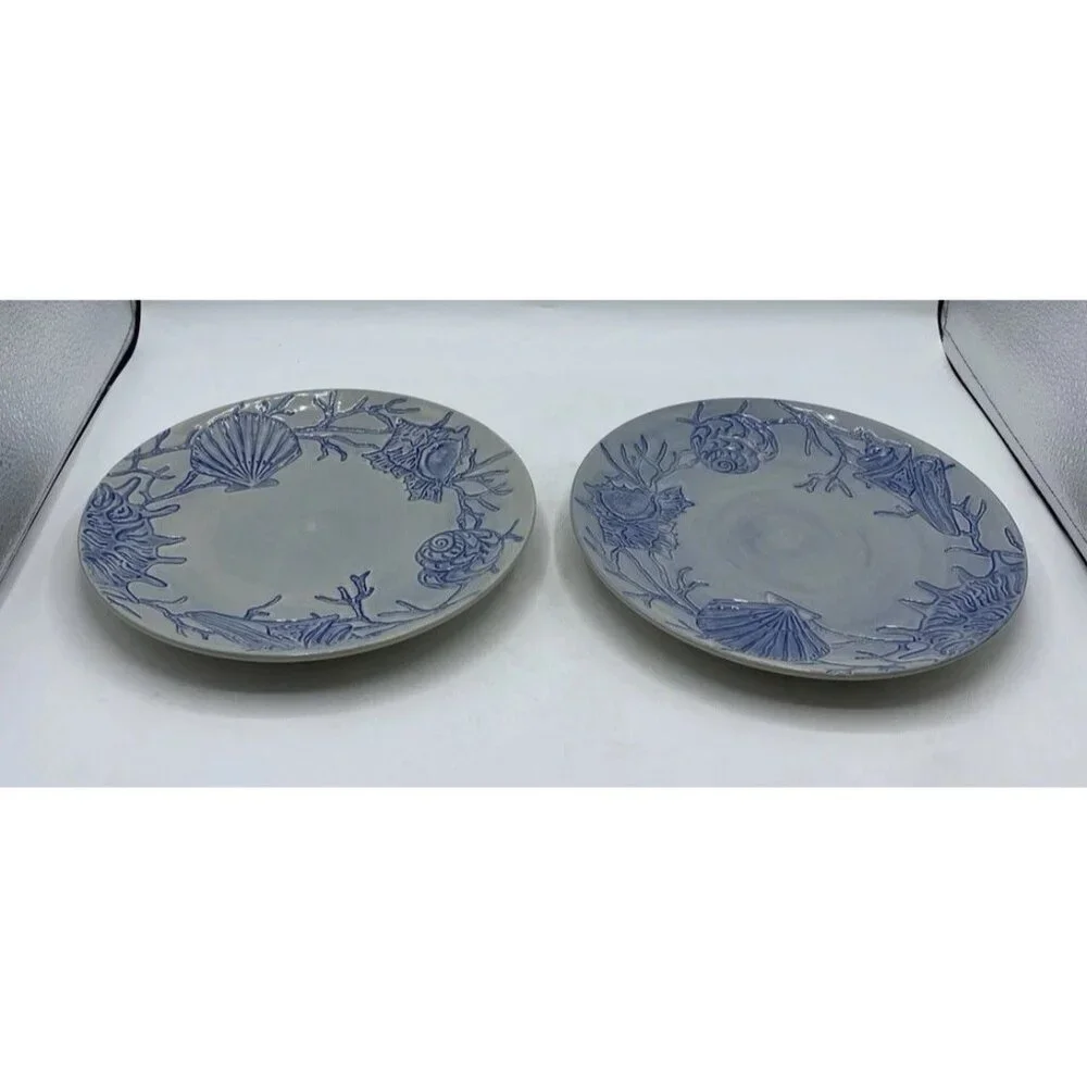 Pottery Barn Salad Plate Dessert Blue Shell Ocean Beach Coastal Coral  8